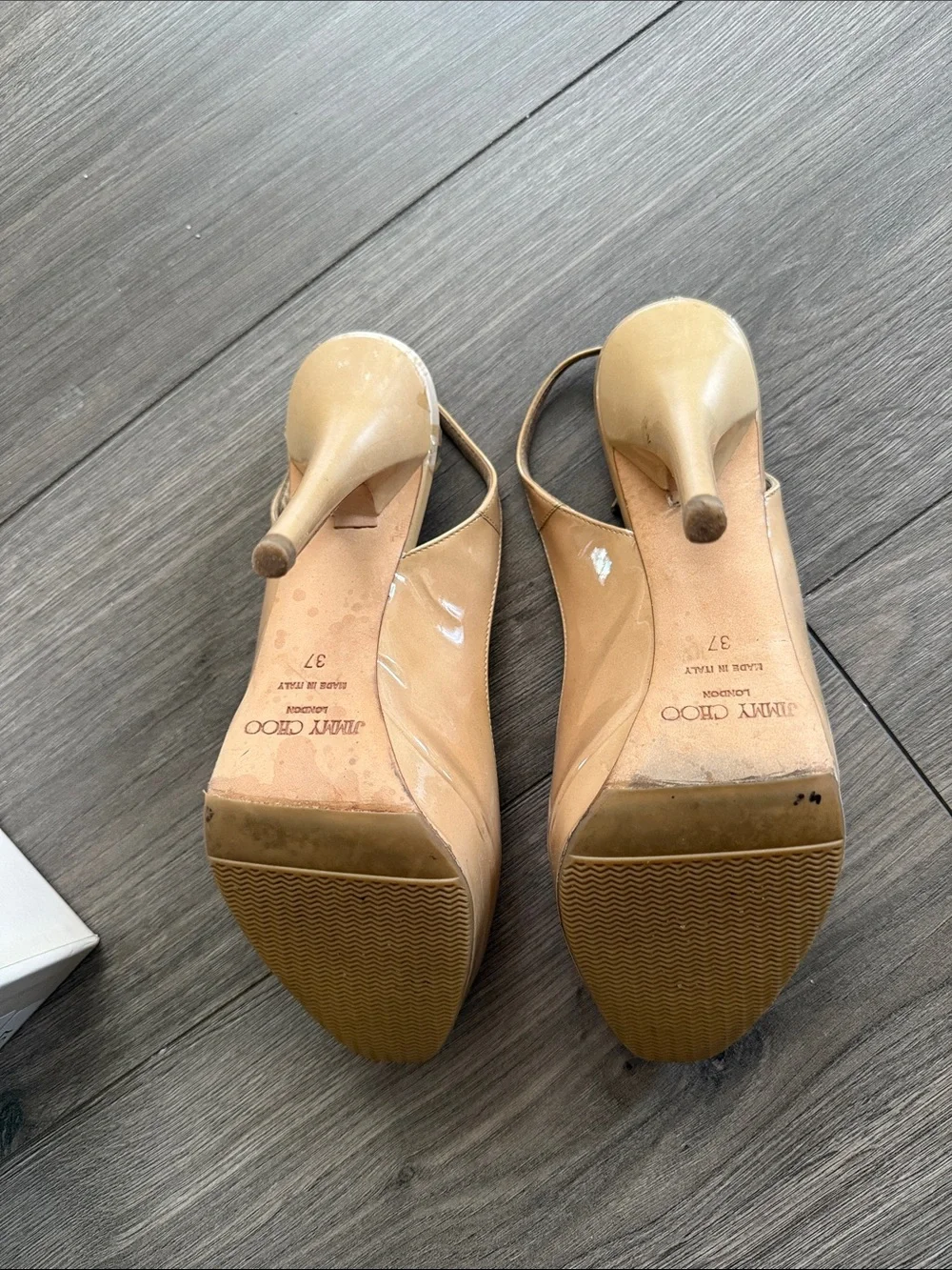 Jimmy Choo Beige Patent Leather Peep-Toe Heels